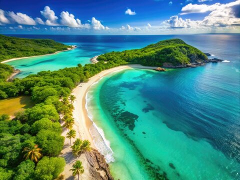 Aerial View Of A Turquoise Blue Bay, White Sandy Beach, And Lush Green Shoreline On A Sunny Day In The Caribbean