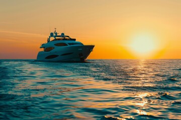 Obraz premium A majestic yacht sails peacefully on the serene ocean as the sun rises, casting a gentle golden glow over the calm waters and the distant horizon.