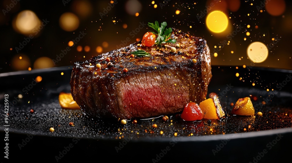 Wall mural Buttery Wagyu sirloin, elite dining atmosphere, realistic photograph,