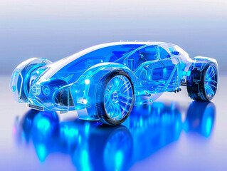 Fototapeta premium Car visualization with augmented reality Transparent car in studio drawing in blue colors, blueprint glowing neon hologram futuristic show technology security for premium product business finance
