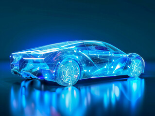 Fototapeta premium Car visualization with augmented reality Transparent car in studio drawing in blue colors, blueprint glowing neon hologram futuristic show technology security for premium product business finance