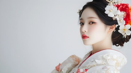 Elegant Asian Woman in Traditional Hanbok Costume against White Background