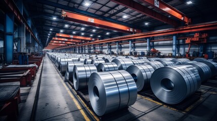 Fototapeta premium Rolls of galvanized steel sheet inside the factory or warehouse. Neural network ai generated art