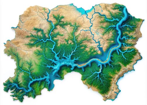 Aerial View Of Benue River And Its Tributaries In A Map-Like Layout, Showcasing Its Meandering Course And Interconnected Waterways In Turquoise And Blue Against A White Background.