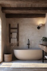 Modern rustic bathroom with wood beams and neutral tones.