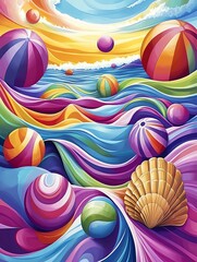 Colorful Beach Party Poster Flyer Design Background with Sea Shells, Sea Stars, Sand and Water Featuring Vibrant Summer Elements, Fun, and Relaxation