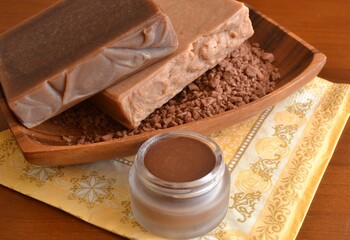 Chocolate ecological cosmetics solid soap balm lip in glass jar, brown cocoa color, natural skin care products, homemade handmade artisan body treatment, slow living concept