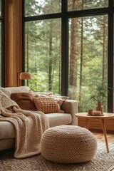 Fototapeta premium Modern interior nordic design with crochet blanket on sofa crochet floor lamp and crochet pouf near coffee table with view of dense forest from window.