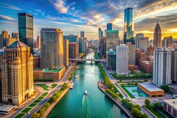 Aerial View Of The Chicago River, Showcasing The City'S Skyline, Bridges, And Shimmering Waters.
