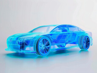 Car visualization with augmented reality Transparent car in studio drawing in blue colors, blueprint glowing neon hologram futuristic show technology security for premium product business finance