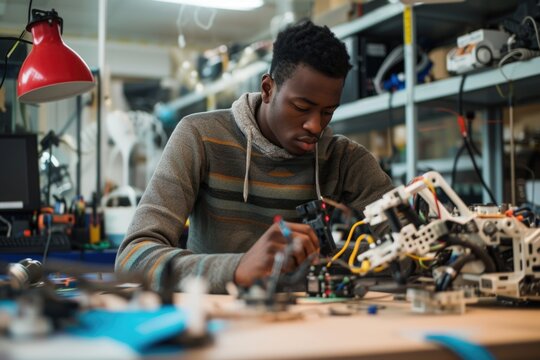 Young engineer working on a complex electronic project