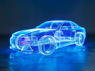 Car visualization with augmented reality Transparent car in studio drawing in blue colors, blueprint glowing neon hologram futuristic show technology security for premium product business finance