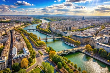 Fototapeta premium Aerial View Of The Seine River Winding Through The City Of Paris, France, Highlighting Its Iconic Bridges And Landmarks.