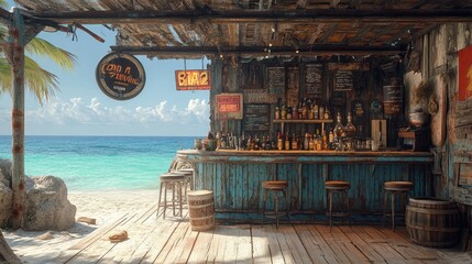Relax and enjoy a refreshing drink at this inviting rustic beach bar