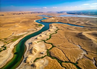 Aerial view of the shrinking Euphrates River, exposing vast stretches of dry, cracked earth and sandbanks, in a dramatic display of drought's devastating impact.