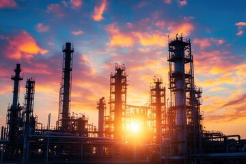 Obraz premium Petrochemical plant silhouette at sunset with dramatic sky