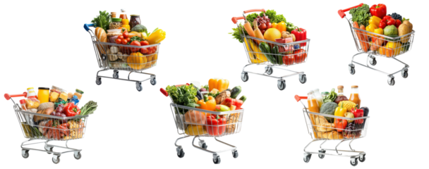 Set of Shopping Cart Filled with Food Products Isolated on PNG  Background, PNG file