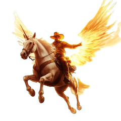 A majestic winged horse emblazed in flames, soaring through the skies with a heroic rider, symbolizing fantasy and adventure.