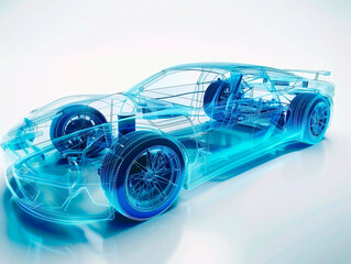 Fototapeta premium Car visualization with augmented reality Transparent car in studio drawing in blue colors, blueprint glowing neon hologram futuristic show technology security for premium product business finance