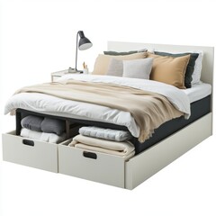 IKEA White Bed Frame with Built-in Storage - Isolated on White Background