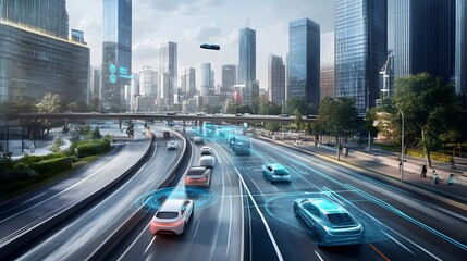 Fototapeta premium Futuristic Cityscape with Bustling Traffic and Skyscrapers on a Sunny Day