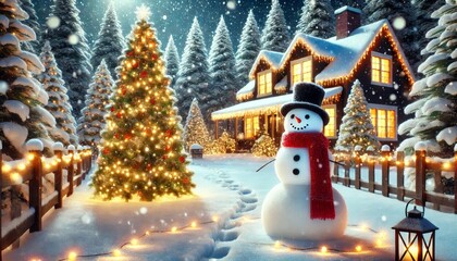 Joyful snowman with a red scarf standing in a snowy yard, with a decorated Christmas tree.