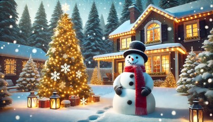 Fototapeta premium Joyful snowman with a red scarf standing in a snowy yard, with a decorated Christmas tree.