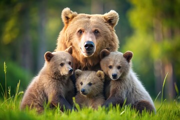 Naklejka premium Affectionate Mother Bear And Her Two Adorable Cubs Cuddle Together In A Serene Natural Setting
