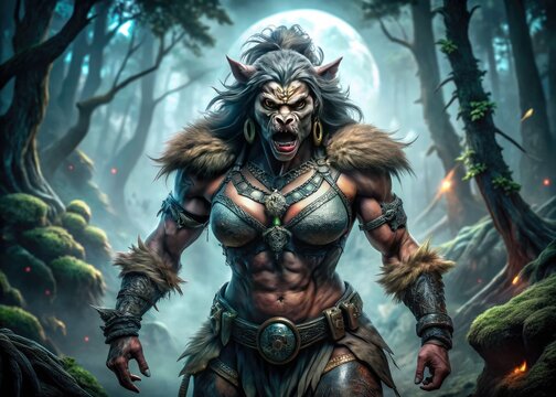 A fierce, muscular female bugbear with sharp claws and teeth, adorned with tribal tattoos, stands victorious in a misty, moonlit forest, surrounded by ancient trees.