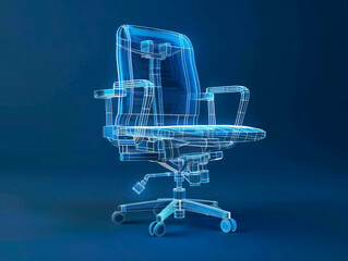 Computer chair visualization with augmented reality Transparent computer chair in studio drawing in blue colors. Global finance, business, connections, computing and data processing concept