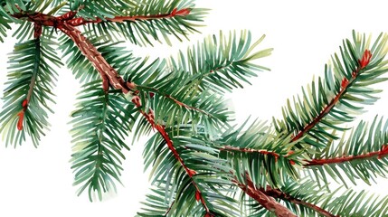 Naklejka premium A tree branch with green leaves and red berries. The branch is long and thin, with a few small branches coming off of it. The leaves are arranged in a way that creates a sense of movement and growth