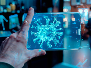the scientists are holding the coronavirus's hologram the laboratory. the concept of coronavirus, vaccination, laboratory and medical. Coronavirus visualization with augmented Transparent coronavirus