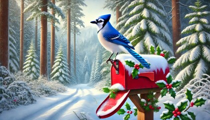 A blue jay rests on a red mailbox covered in snow and holly, surrounded by a serene winter forest scene.