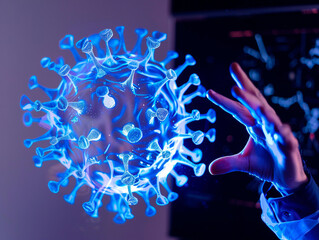 the scientists are holding the coronavirus's hologram the laboratory. the concept of coronavirus, vaccination, laboratory and medical. Coronavirus visualization with augmented Transparent coronavirus