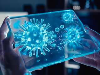 the scientists are holding the coronavirus's hologram the laboratory. the concept of coronavirus, vaccination, laboratory and medical. Coronavirus visualization with augmented Transparent coronavirus