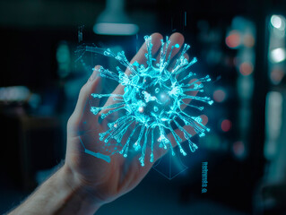 the scientists are holding the coronavirus's hologram the laboratory. the concept of coronavirus, vaccination, laboratory and medical. Coronavirus visualization with augmented Transparent coronavirus