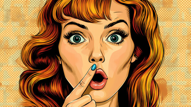 A surprised woman taken aback with finger to lips comic book style retro art. Comic Book Style. Illustration
