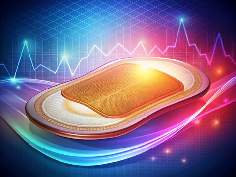 A vector illustration of a laparotomy pad set against a medical-themed background featuring faint EKG lines and subtle shapes