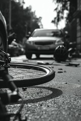 Naklejka premium A bicycle is laying on the ground next to a car. The car is parked on the side of the road