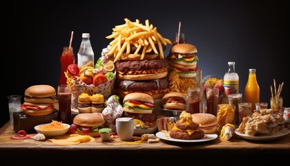 Fototapeta premium Tower of fast food burgers, fries, and soda on a dark background