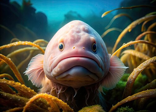 A gelatinous, pinkish-brown blobfish with a perpetually sad expression floats listlessly in the dark, mysterious depths of the ocean, surrounded by faintly illuminated seaweed.