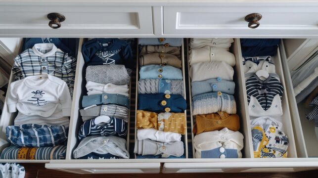 Baby Clothes and Accessories: Includes outfits, onesies, socks, hats, and more, all neatly organized in the dresser or closet, tailored to the baby&rsquo;s age and size.
