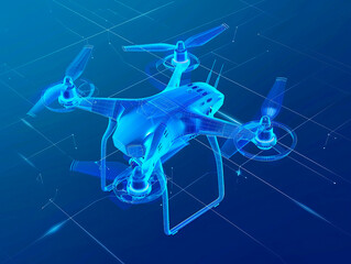 Drone visualization with augmented reality Transparent drone in studio drawing in blue colors. Smart city. Digital transformation. Composite visual with a drone point of view. Mixed media.