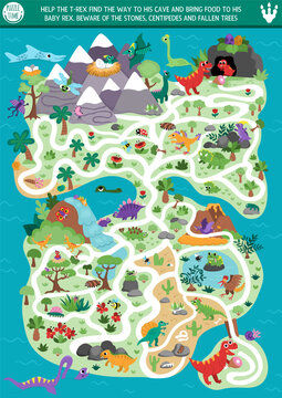 Naklejki Dinosaur maze for kids with cute animals and ancient world landscape or map. Prehistoric preschool printable activity. Dino land labyrinth game, puzzle. Help T-rex bring food to his baby