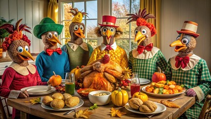 A Group Of Costumed Turkeys In Comical Poses Gather Around A Table Laden With Thanksgiving Dinner.