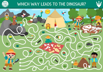 Fototapeta premium Dinosaur maze for kids with cute paleontologists. Prehistoric preschool printable activity with boys and girl on a dig. Dino land labyrinth game with archaeologists, fossils, skeletons, camping tent