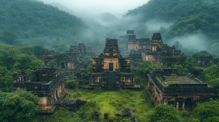 Fototapeta premium A captivating scene of a ruined city, overgrown with lush vegetation, hinting at a forgotten civilization and the enduring power of nature