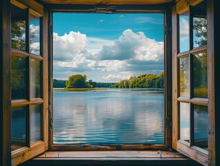 A window view of a lake with a cloudy sky