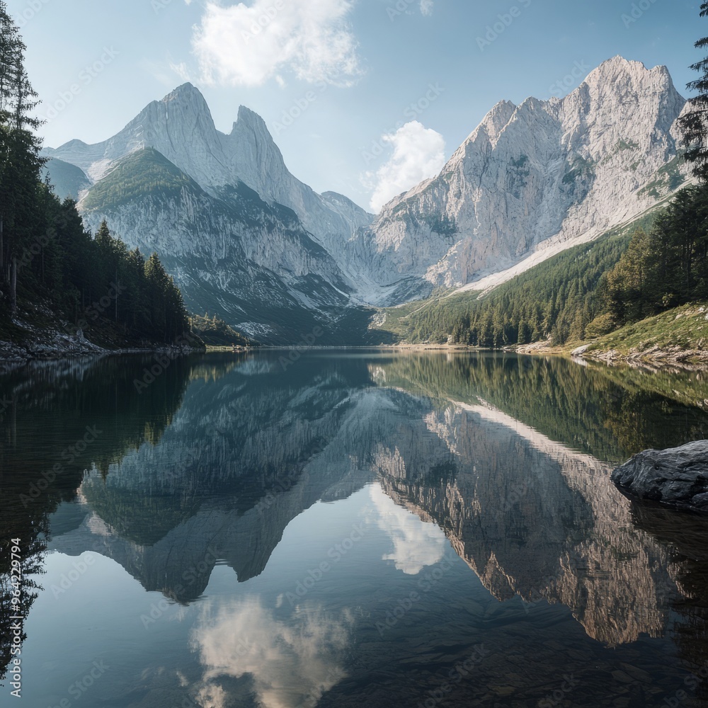 Sticker Picturesque mountain lake with a perfect reflection of the surrounding peaks.