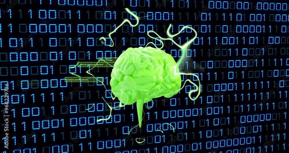Poster green brain animation over binary code background with electric currents